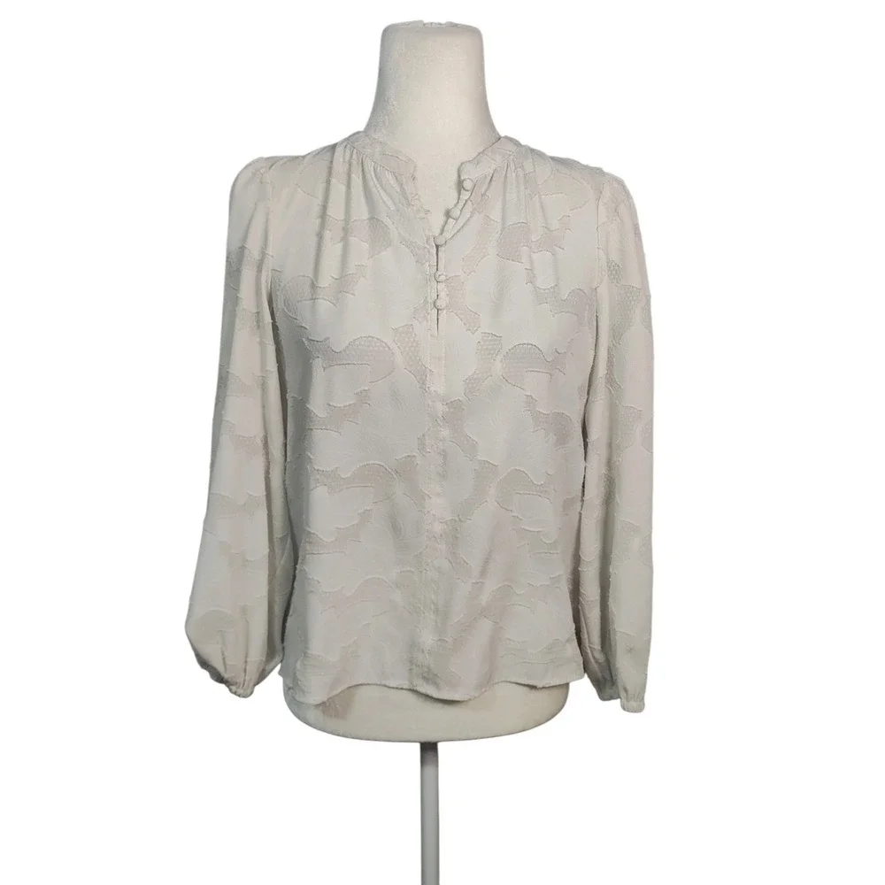 Banana Republic White Top Floral Jacquard Blouse Coquette Ethereal Petite Small